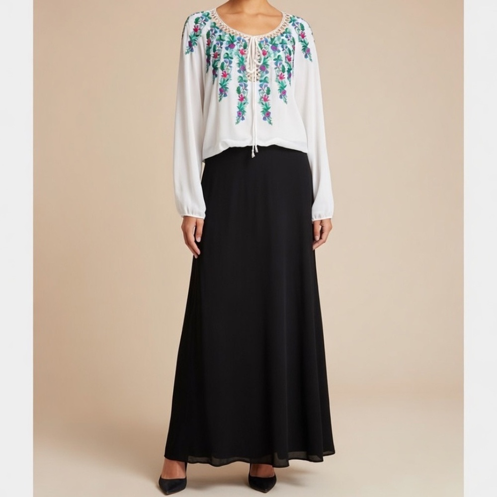 Tadashi Shoji Black White Floral embroidered gown.